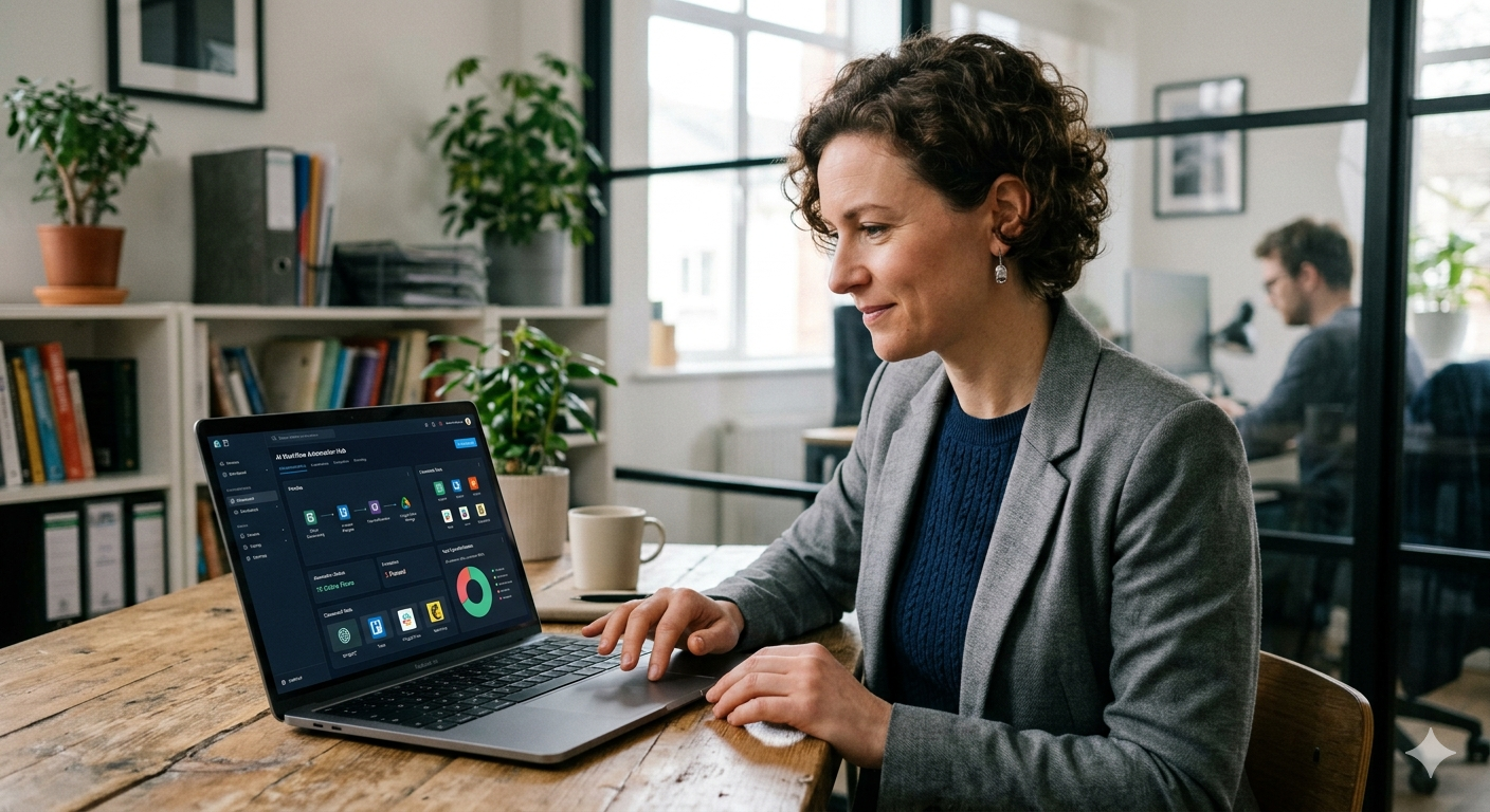 Small agency owner reviewing AI workflow automation dashboard with multiple tools connected on a laptop screen.