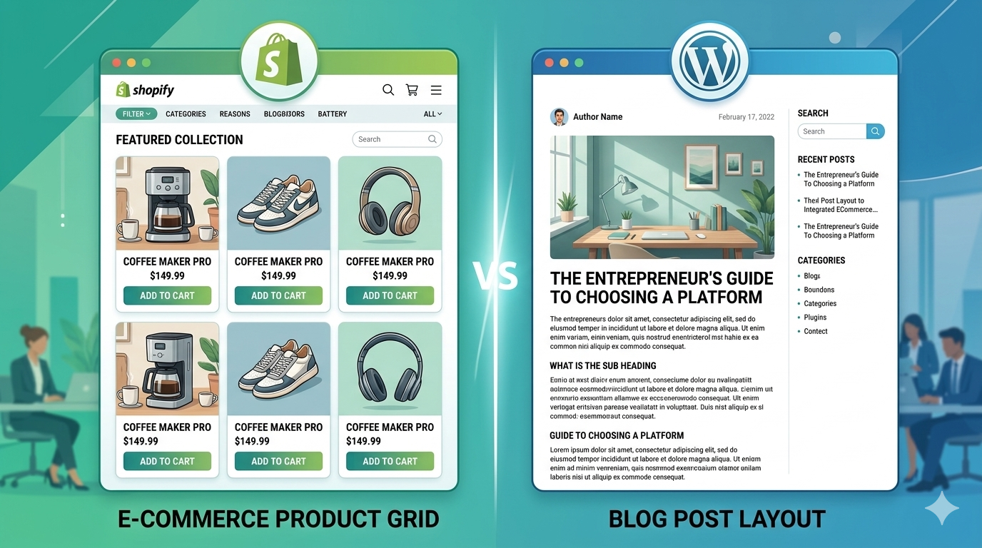 Split-screen showing a Shopify product grid on one side and a WordPress blog layout on the other