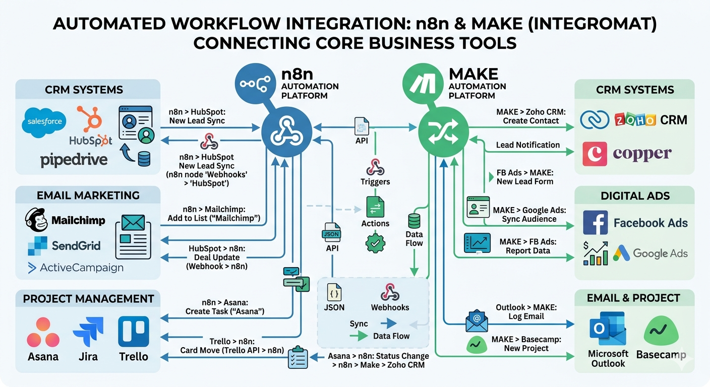 Flowchart diagram connecting CRM, email, ads, and project tools through n8n and Make automation nodes
