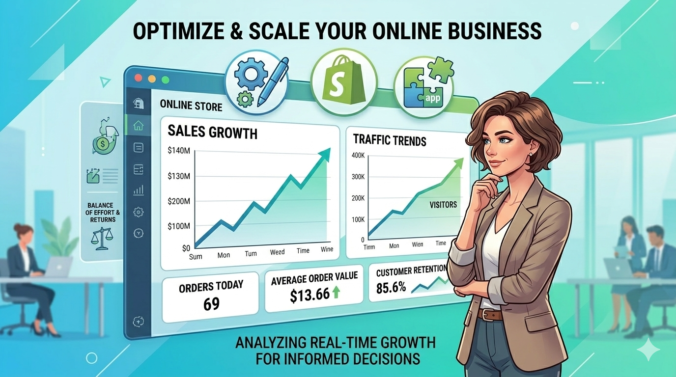 Founder reviewing an online store dashboard showing growing sales and traffic statistics