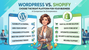 Comparison graphic showing WordPress and Shopify logos with business owner choosing a website platform