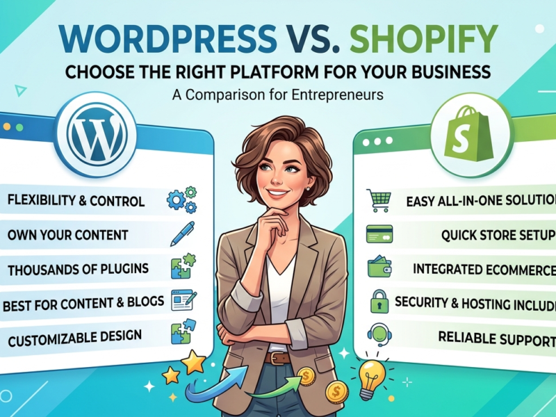 Comparison graphic showing WordPress and Shopify logos with business owner choosing a website platform