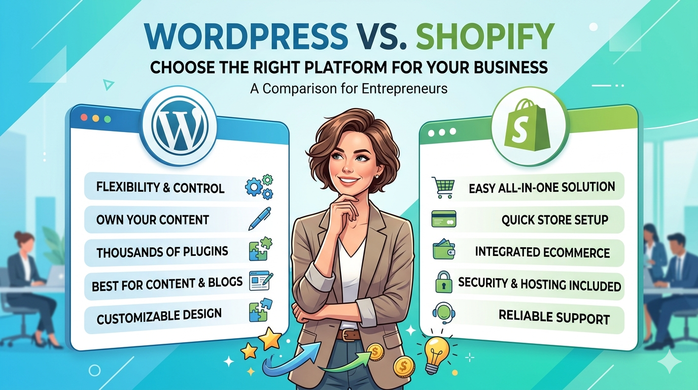 Comparison graphic showing WordPress and Shopify logos with business owner choosing a website platform
