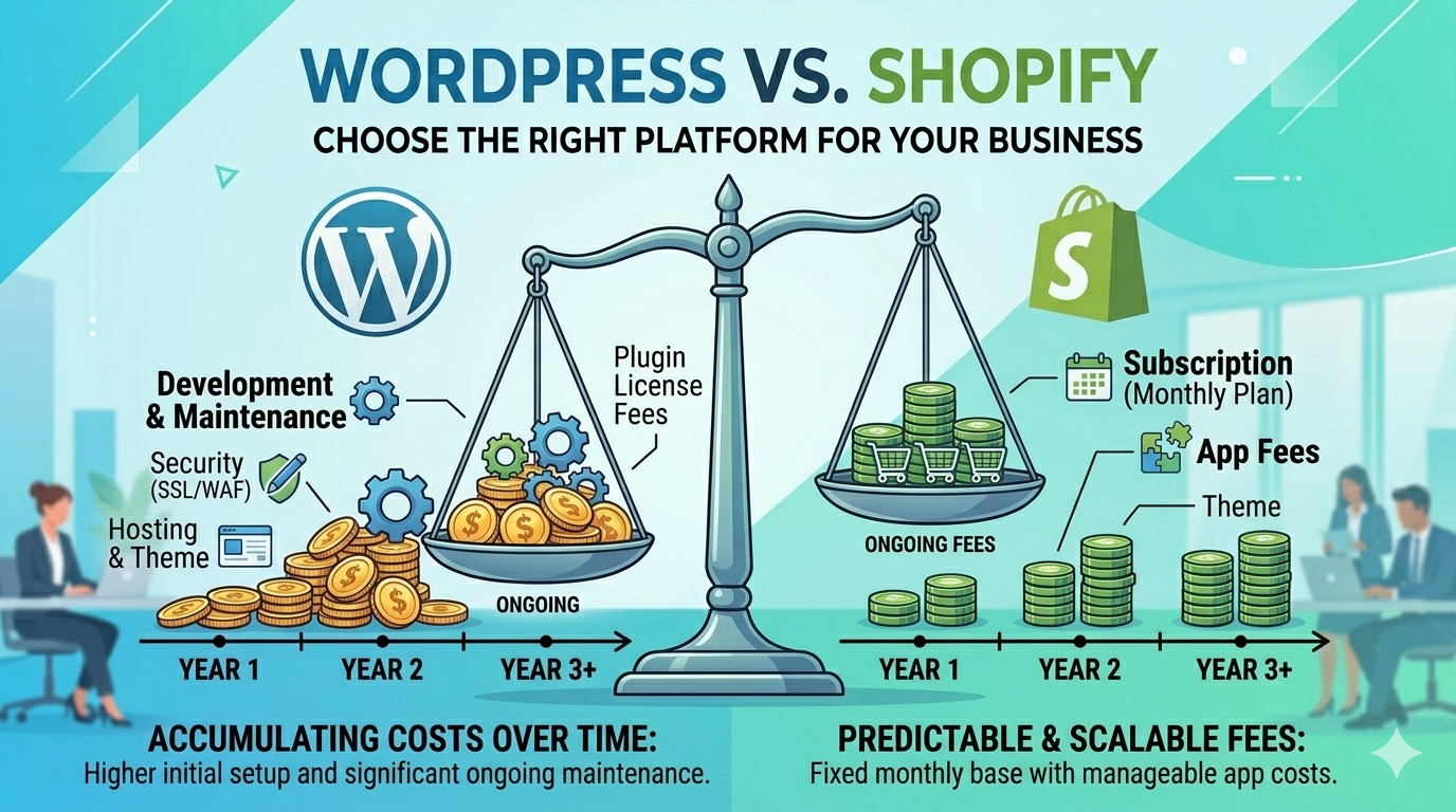Illustration of a pricing scale comparing ongoing WordPress hosting and development costs versus Shopify subscription and app fees