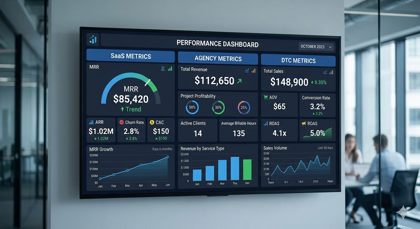 Analytics dashboard displaying SaaS, agency, and DTC ecommerce metrics powered by automated workflows